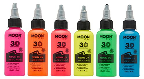 Moon Glow, Neon-UV-3D-Stofffarbe, Textilfarbe für Kleidung, T-Shirts, Taschen, Schuhe und Leinwand (Mehrfarbig, 30 ml (6er-Pack))