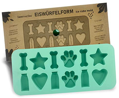 SmoothieDog Silikonform - Hundeleckerlis selber backen - Eisform, Backform - 12 Motive: Herz, Stern, Pfote, Knochen, Flasche - BPA-frei - Silikonform - 27,2x12,2x2,6cm