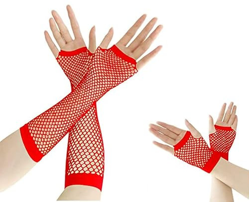 Azwood Fischnetz Handschuhe, 2 Paare Lang und Kurz Netz Mesh Handschuhe, Schwarz Fingerlose Netzhandschuhe - Damen Abendhandschuhe ​für Verkleidung Kostüm Party Lieferungen (Rot)