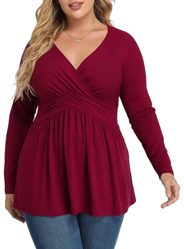 Tianzh plus storlek svarta toppar för kvinnor wrap baby docka skjorta långärmad vinter tunika topp dress v-ringad blus empire midja låg skärning flödande söta kläder, Vinröd, XL