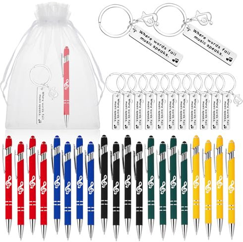 Yeaqee 25 Set Musikgeschenk für Schüler Musik Schlüsselanhänger Note Kugelschreiber mit Stylus-Spitze Organza-Beutel für Chor Lehrer Grad