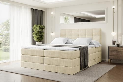 ALTDECOR Boxspringbett mit Matratze und Lattenrost, Topper, Polsterbett mit Bettkasten, Bett mit Stauraum H3- und H4- Matratze, Doppelbett, Springboxbett - Marce King - 180x200 - Beige Monolith 04