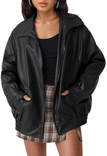 Sexyshine Women's Oversized Jackets PU Leather Leather Faux Motorcycle Plus Size Moto Biker Coat Fall Outfits(25702BL,S)