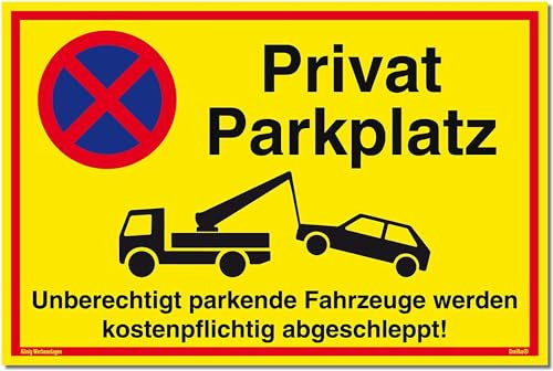 Schild Privat Parkplatz | PVC 30x20 cm | Unberechtigt parkende Fahrzeuge werden kostenpflichtig abgeschleppt! gelb | stabiles PVC Schild UV-Schutz | Parkverbot | Privat Parkplatzschild | Dreifke®