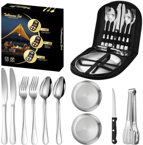 HDKAJL Vaisselle Camping10 Pièces, Vaisselle Pique Nique Portable Kit, Set De Couvert Camping, Kit De Vaisselle En Acier Inoxydable，Couverts Camping,Pour Les Randonnées Et Les Barbecues Camping