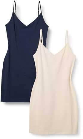 Amazon Essentials Abito Sottoveste A Strati in Cotone Slim Fit Donna, Pacco da 2, Beige/Blu Marino, XL