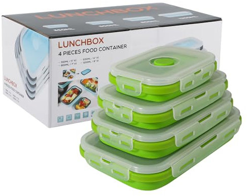 Beeptrum Zusammenklappbarer Aufbewahrungsbehälter aus Silikon mit Deckel, tragbarer Bento-Box zum Platzsparen, Mikrowelle, 4er-Set,Hellgrün