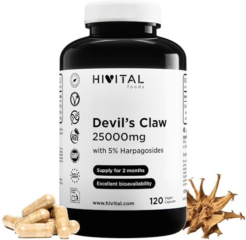 Teufelskralle 25000 mg. 120 vegane Kapseln für 2 Monate Behandlung. Mit 5% Harpagosiden. Teufelskralle auf Basis von Harpagophytum Procumbens-Extrakt. Hergestellt von HIVITAL