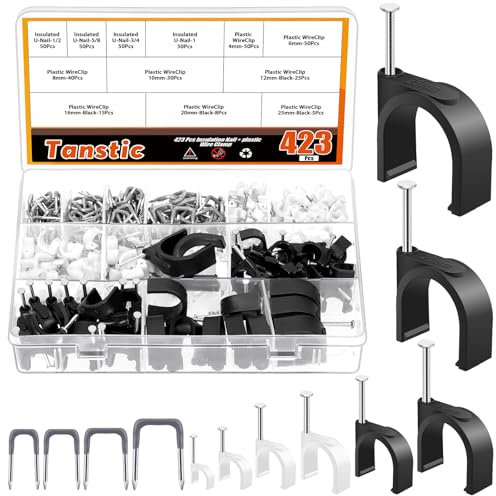 Tanstic Lot de 423 clous isolés en U et clips de câble, 200 agrafes de câble métalliques de 1,4 cm, 1,1 cm, 0,9 cm, 223 pièces de 4 à 25 mm pour fixer des fils et câbles