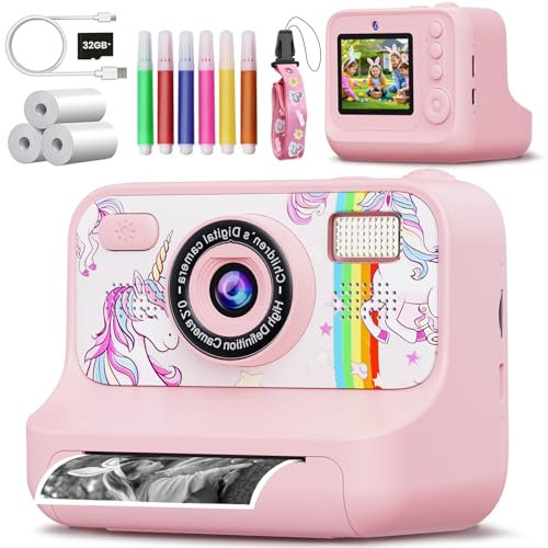 NXPZ Appareil Photo Instantané Enfants, Caméra HD 1080P avec Écran de 2,4 Pouces, avec Carte 32GB, 3 Rouleaux de Papier Photo et Crayons de Couleur, pour Filles et Garçons de 3 à 12 Ans