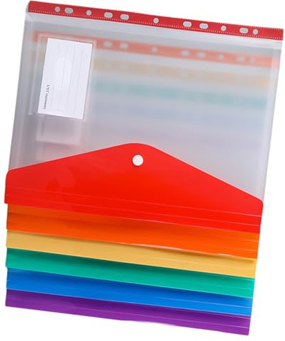 6 sobres transparentes con 11 agujeros perforados para documentos tamaño carta, con cierre de botón y bolsillo para etiquetas, sobres de archivos multicolor