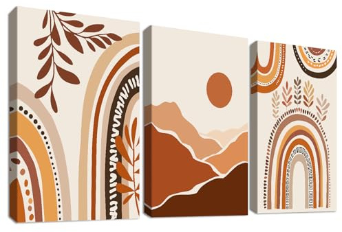 3 Pcs Wooden Framed Canvas Wall Art Set Bohemian Brown Beige Painting on Canvas Prints Abstract Geometric Sun Mountains Pictures for Living Room Bedroom Hallway Stairs Wall Decor 50x70 cm x3pcs