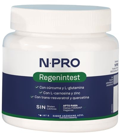 NPro SALUD INTESTINAL Regenintest 167g Polvo Sabor Arándano Azul – Suplemento con L-Glutamina Kyowa®, Carnosina, Cúrcuma, Trans-Resveratrol y Zinc – Protege y Regenera Mucosa Intestinal