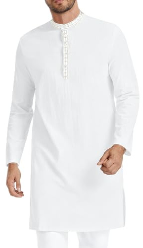 LVCBL Kaftan Herren Leinen Lang Islamische Kleidung Männer Gebetskleidung Für Männer Und Alltag Weiß M