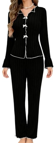 LXEASYGO Women's Long-Sleeve Pajama Set Soft Two Piece Pjs V Neck Button up Top and Comfy Pants Sleepwear Loungewear for Women