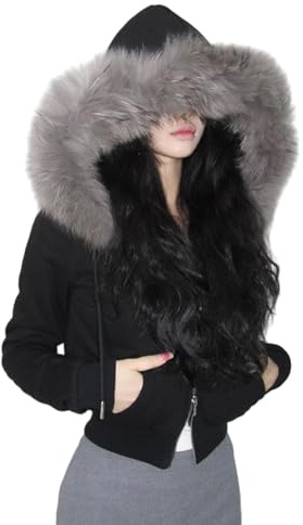 FeMereina Women Fur Trim Crop Hoodies Zip Up Y2k Long Sleeve Cropped Sweatshirt Zipper Furry Hooded Jacket with Pockets