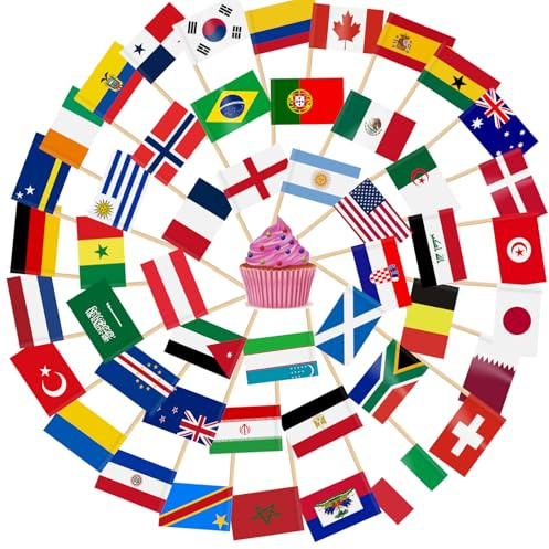AhfuLife Palillos con Banderas de Banderas de Mundo, 100 Piezas Banderas de Palillos de Dientes de 48 Países para Decoraciones de Copa Mundial, Cóctel, Sándwiches, Pastel, Frutas, Fiesta, Cupcakes
