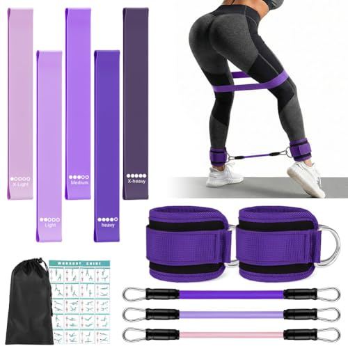 HOTUT 5PCS Élastique Musculation, 3PCS Sangle Cheville Musculation Poulie, 5 Niveaux de Force + 3 Niveaux de Force,avec Double Anneau D, pour Fitness Pilates Yoga Gym Exercice Tirage