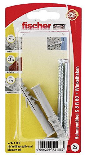fischer 052188 Rahmendübel RW K SB-Karte, Inhalt Langschaftdübel S 8 R60, 2 x Winkelhaken WH 5,8 x 80