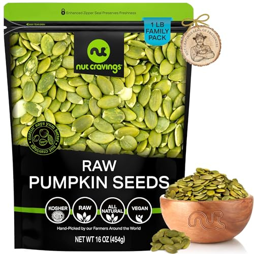 NUT CRAVINGS - Raw Pumpkin Seeds Pepitas, Unsalted, Shelled, (16oz - 1 LB) Packed Fresh in Resealable Bag - Kosher Healthy Snack, Food Assortments Ideal for Trail Mixed Nuts