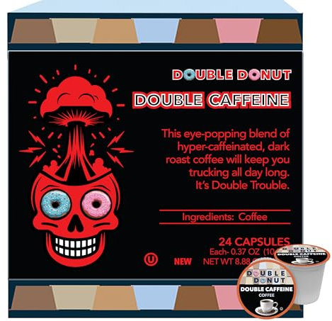 Double Donut Coffee High Caffeine Coffee Pods, Extra Strong Double Caffeine Coffee Cups for Keurig K Cup Brewer Machines Single Serve Dark Roast Coffee, 24 Count