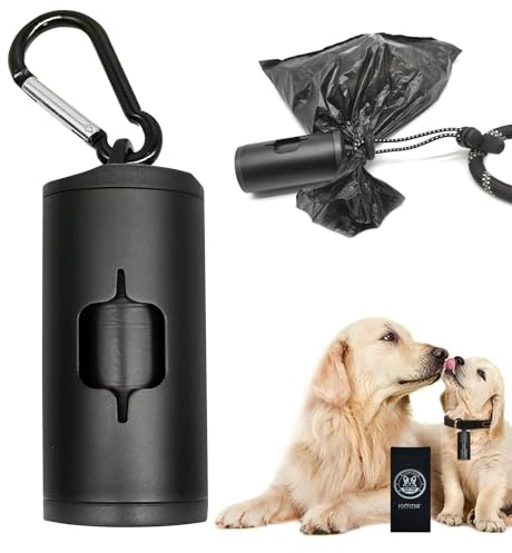 YUCHIYA Aluminum Dog Poop Bags Holder with Carabiner Metal Pet Waste Bags Dispenser with Hook and Loop Fastener and Elastic Cord to Carry Used Bags (Black, 1 Holder 15 Bags)