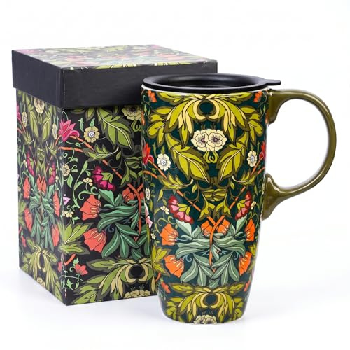 DUSVALLY Ceramic Travel Mug with Lid, 500ml/17oz Vintage Botanical Coffee Mug with Handle, Arts and Crafts Style Floral Tea Cup, Microwave & Dishwasher Safe, Matching Gift Box