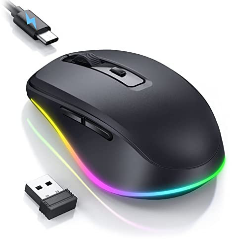 Seenda Wireless Mouse, Rechargeable Light Up LED Mouse for Laptop, 2.4G USB Silent Mice with Built in Jiggler Mover, Undetectable Simulate Mice Movement to Keep Computer Awake, Black