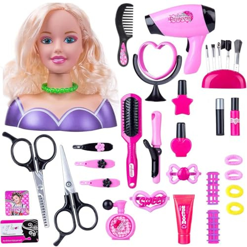 KonHaovF Kids Doll Head for Hair Styling and Make Up for Little Girls,Head Styling with Hair Makeup Practice, Hair Styling Makeup Toys for Kids with Hair Dryer, Accessories (Purple)