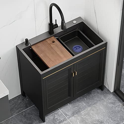 Lavello Cucina con Mobile,Lavelli Acciaio Inox in Vasca Singola con Rubinetto,Nero Lavandino Commerciale Autoportante Professionale,per Ristorante Garage Lavanderia Esterno ( Size : 60*45*74cm/23.6*17