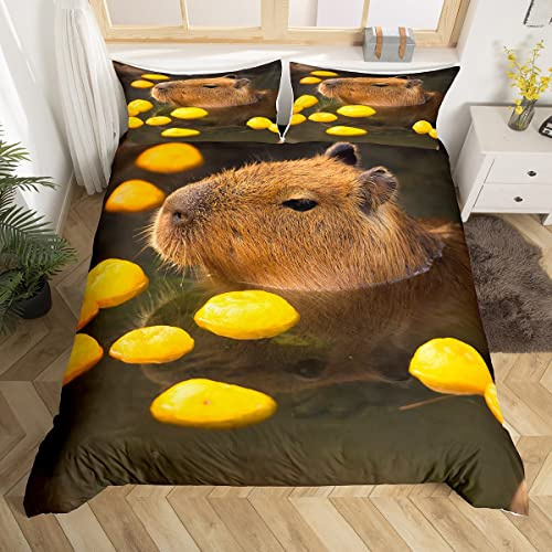 Homewish Capybara Duvet Cover Double, Hot Springs Bedding Set 3 Pieces | Cute Capybara Bathing In Hot Springs Quilt Cover with 2 Pillowcases, Funny Wildlife Bed Sets for Kids