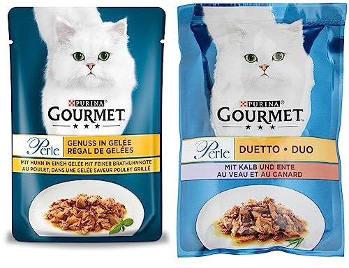 PURINA Gourmet Perle Genuss in Gelee Katzenfutter nass mit Huhn & feiner Brathuhnnote 26er Pack (26 x 85g) & PURINA Gourmet Perle Duetto Katzenfutter nass, mit Kalb und Ente, 26er Pack (26 x 85g)