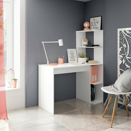 Dmora - Scrivania Pittston, Scrittoio lineare con libreria, Tavolo ufficio multiuso salvaspazio, 110x52h136 cm, Bianco