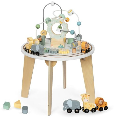 mamabrum Holz Aktivitätstisch Set mit Magnetischer Eisenbahn, Motorikschleife, Perlenwerfer, Formsortierer & Spiegel - Lernspielzeug ab 12 Monaten (40cm, 31,5cm Höhe)