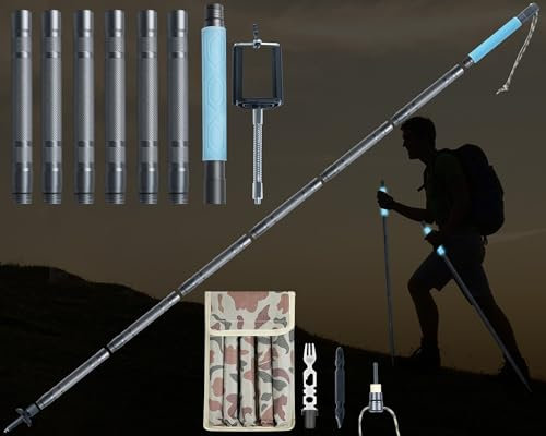 Wanderstöcke Trekkingstöcke mit Leuchtenden Griffen, 140 cm Multifunktionale Wanderstöcke mit Selfie-Halter, 7-Teiliger Walking Stöcke Verstellbar, Aluminium Wanderstöcke für Damen und Herren-1 Stück