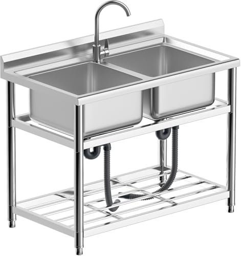 Vockol Freistehende Edelstahl Spültisch Gastro 2 Becken, 110 cm Gewerbliche Küchenspüle mit Wasserhahn, Spülschrank Edelstahl Outdoor Spüle für Küche Garage Waschküche Restaurant, 64T x 110B x 93H cm