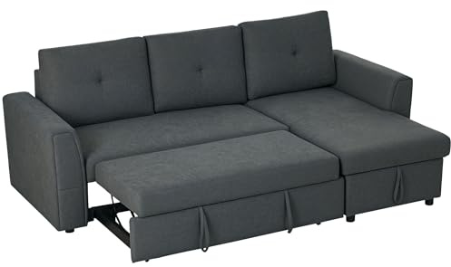 HOMCOM 3 Seater Sofa Bed, L Shaped Pull Out Sofa Bed with Storage, Convertible Click Clack Settee Sectional Sleeper Futon for Living Room, Office, Dark Grey