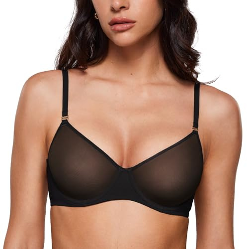 INLYRIC Women's Sheer Demi Balconette Bra - Sexy Mesh Unlined Underwire See Through Demi Bras Black 32C