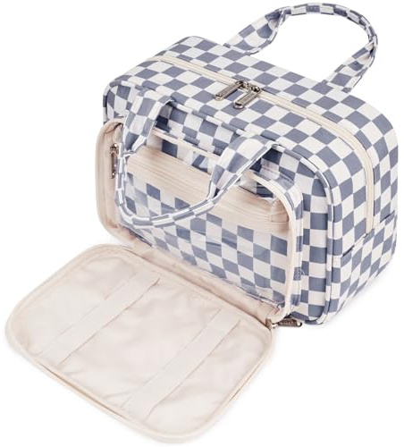 Narwey Full Size Toiletry Bag Large Wash Bag Makeup Bag Travel Organizer Cosmetic Bag for Women (Grayish Blue Checkerboard)