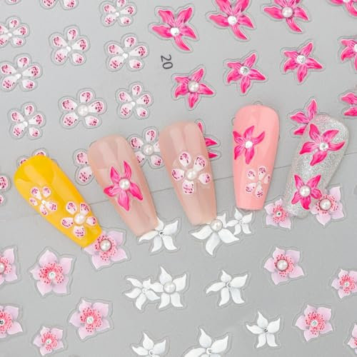 EBANKU Lot de 2 feuilles de fleurs 5D printanières et estivales, blanc rose autocollants pour ongles nail art