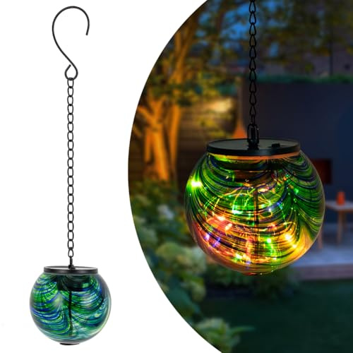 VEWOGIFT Solar Hanging Lanterns Outdoor, Waterproof Solar Gazing Ball Lights, Color Changing Led Glass Globe Lights for Garden Yard Tree Party Decor, Green Swirl