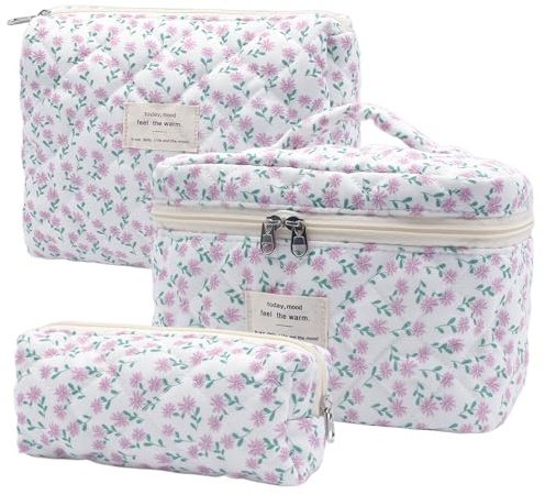 3 Piezas Beauty Case da Viaggio Donna, Beauty Case Da Viaggio Morbido Grande Makeup Bag, Borsa Porta Trucchi da Toilette Makeup Bag Organizer, Borsa da Toilette da Viaggio Lavabile (Fiori Viola)