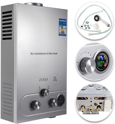 Furvveerr 8L Calentador de Agua a Gas Propano LPG Calentador de Agua a Gas Butano 16KW Calentador de Agua de Gas Licuado de Petróleo sin Tanque,para Baño/Cocina/Autocaravana/Camping,etc.