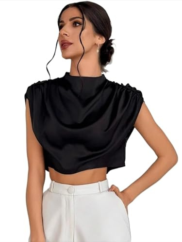 Camicetta estiva corta da donna in raso – Elegante camicia di seta tinta unita con colletto alto senza maniche, elegante e vestita per il lavoro, le serate