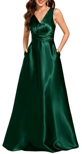 Ever-Pretty Abito Cerimonia Donna Eleganti Lungo Raso Senza Maniche Abito Damigella d'Onore Vestito Elegante Scollo a V Verde Scuro 48