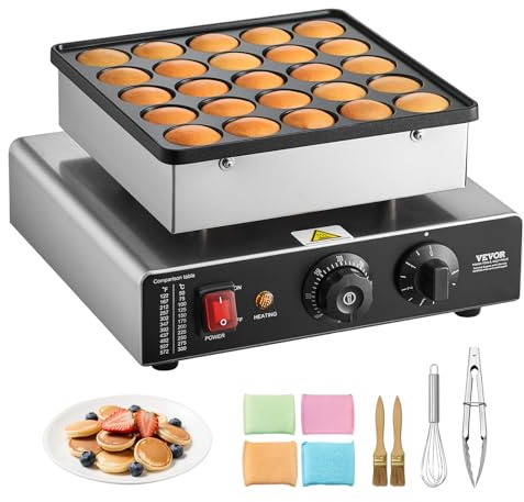 VEVOR Mini Macchina di Pancake, 25 Piastre per Waffle e Muffin da 43 mm di Diametro, Griglia Antiaderente in Acciaio Inox, Controllo Temperatura e Tempo, Cucina di Casa e Ristorante