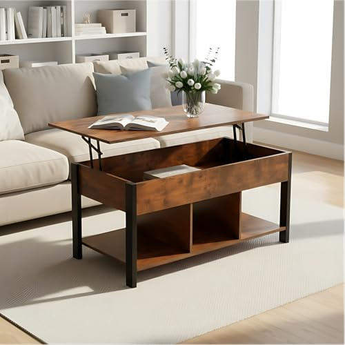 buybyroom lift top coffee table with storage, dark wood storage coffee table, rustic coffee tables for living room, Suitable for living rooms and bedrooms, 100×50×62cm, brown and black