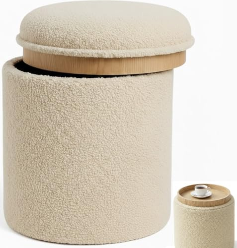RIOGOM®️ Reposapies Salon - Puff Almacenaje con Mesa de Madera Reversible Tela Suave, Baul Almacenaje, Reposapies Sofa, Taburete almacenaje, Banco almacenaje, Banco almacenaje Asiento, Ø34x38 (Beige)