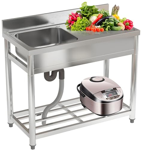 DKIEI 100x50x80cm Stainless Steel Restaurant Kitchen Sink, Commercial Restaurant Sink with Drain & Backsplash, Catering Sink with Storage Shelf and Tap Hole(No Tap)