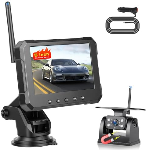 Hikity Display IPS da 5, Kit Telecamera Retromarcia Solare Wireless per Veicoli, Telecamera Magnetica IP69 Grandangolare Aiuto Parcheggio